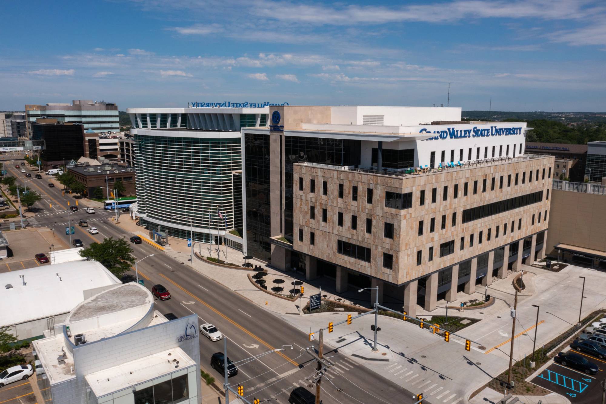 Overhead view of GVSU's Center for Health Sciences and DeVos Center for Interprofessional Health buildings, as taken by a drone